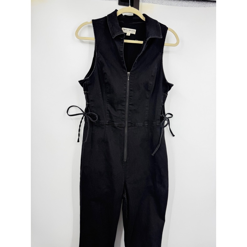 Idyllwind Lace Up Side Denim Jumpsuit Womens L Black Flare Zip Front Sleeveless - Picture 2 of 12